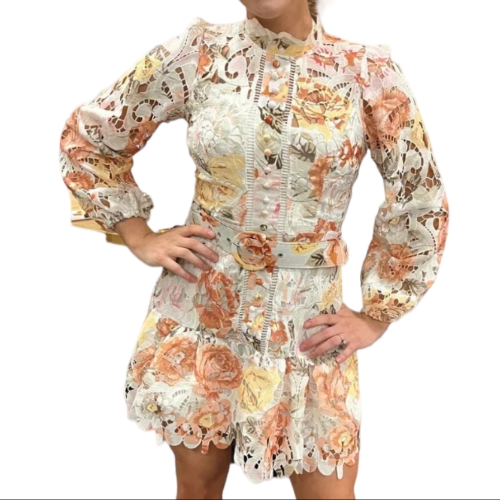 DRESS COQUETTE BOHO FLORAL LONG-SLEEVED LINEN FIT & FLARE BELTED MIDI DRESS